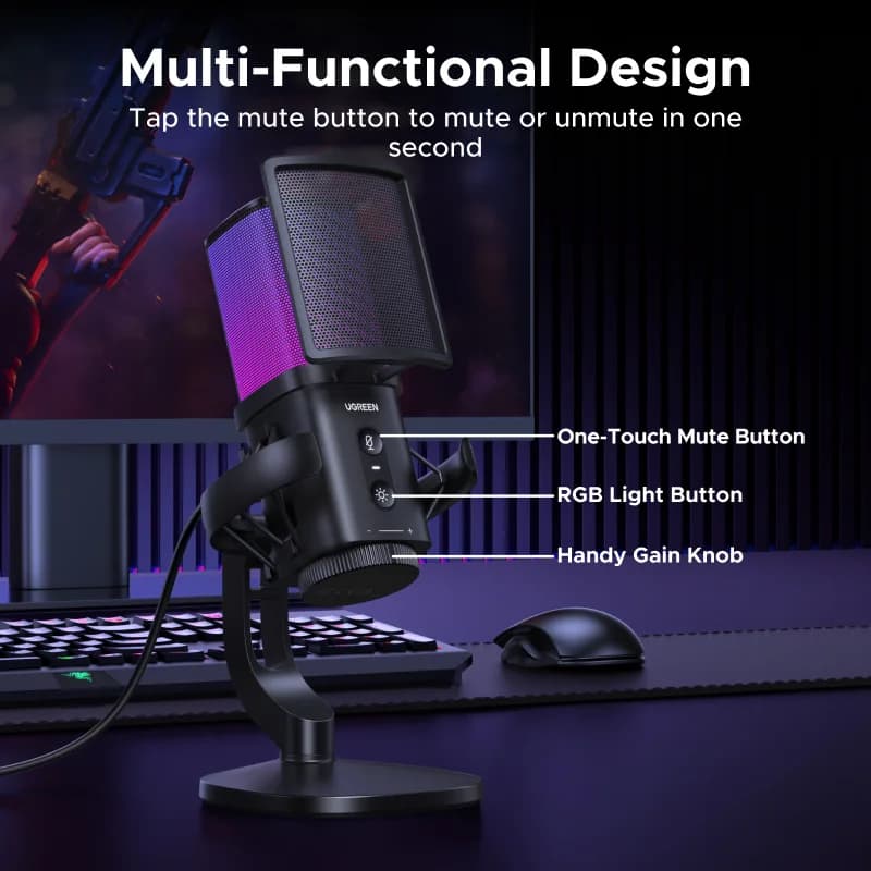 Microphone USB với nút tắt tiếng cảm ứng và đèn RGB