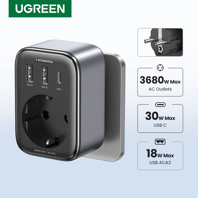 Sạc GaN PD 30W với ổ cắm AC và cổng USB